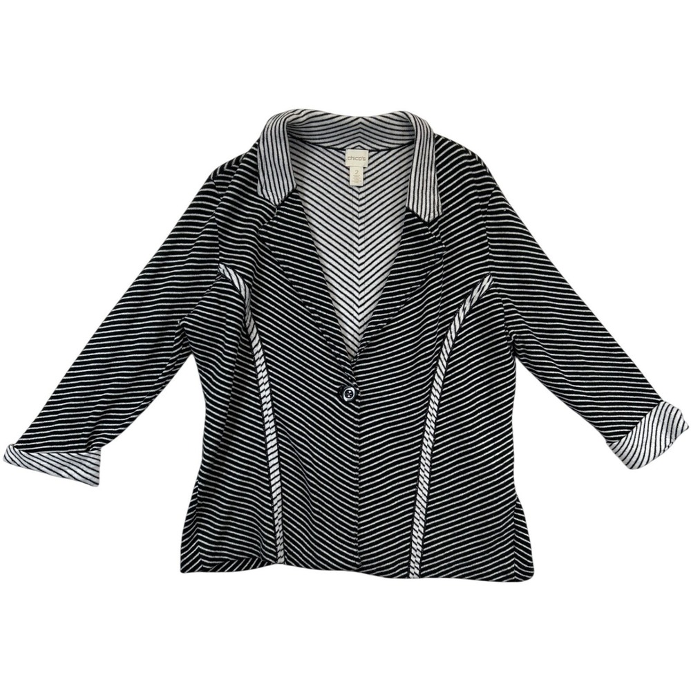 Chicos Blazer Womens 2 L Black White Striped Button Cardigan Sweater Jacket